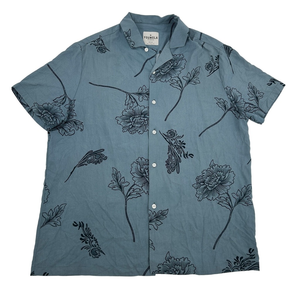 YOUNGLA Shirt Men's Medium Blue Floral Short Sleeve Button Up Loop‎ Collar